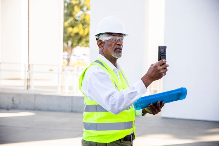 An older man wearing a hard hat and safety vest, holding a clipboard, stands in a construction site environment.
