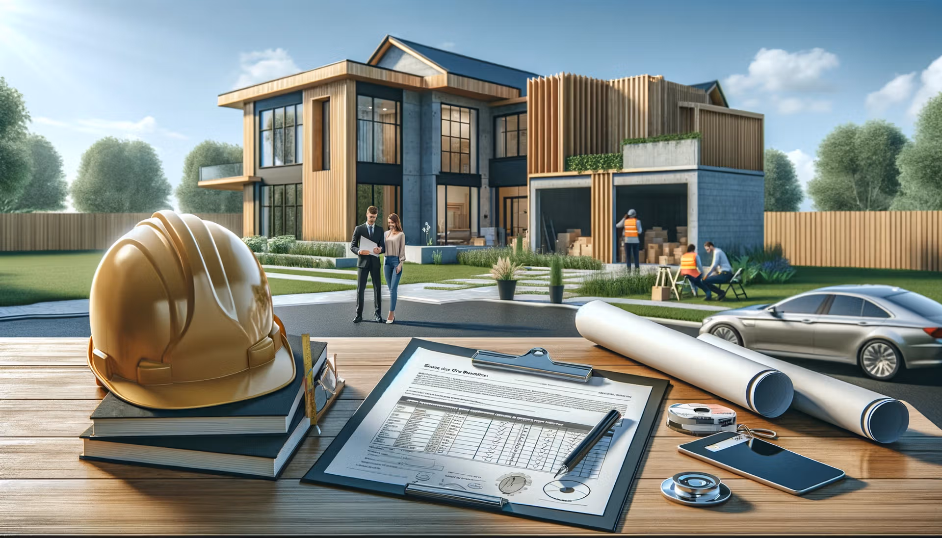 A house under construction surrounded by materials and a hardhat placed on the ground, indicating ongoing building work.