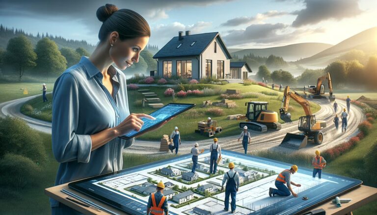 A woman interacts with a tablet, viewing images of a house for potential purchase.