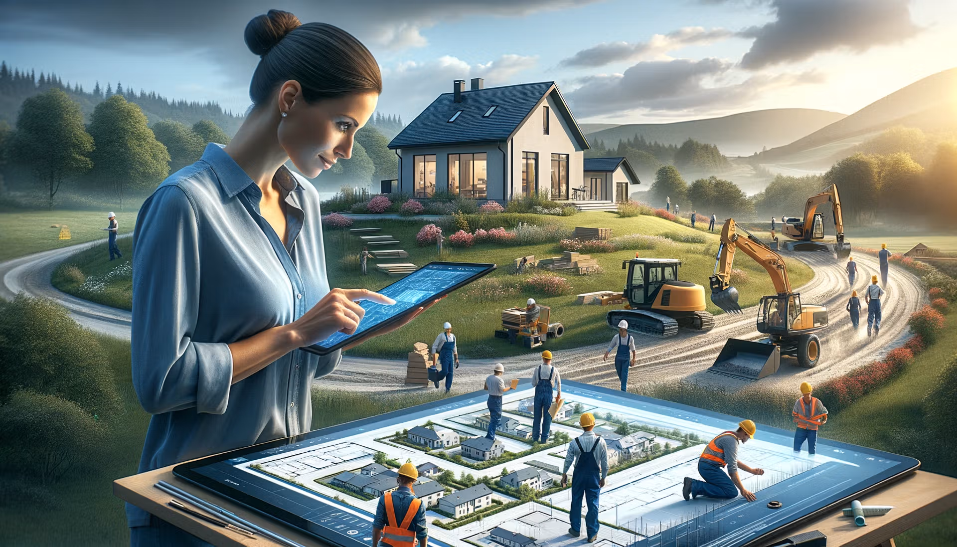 A woman interacts with a tablet, viewing images of a house for potential purchase.