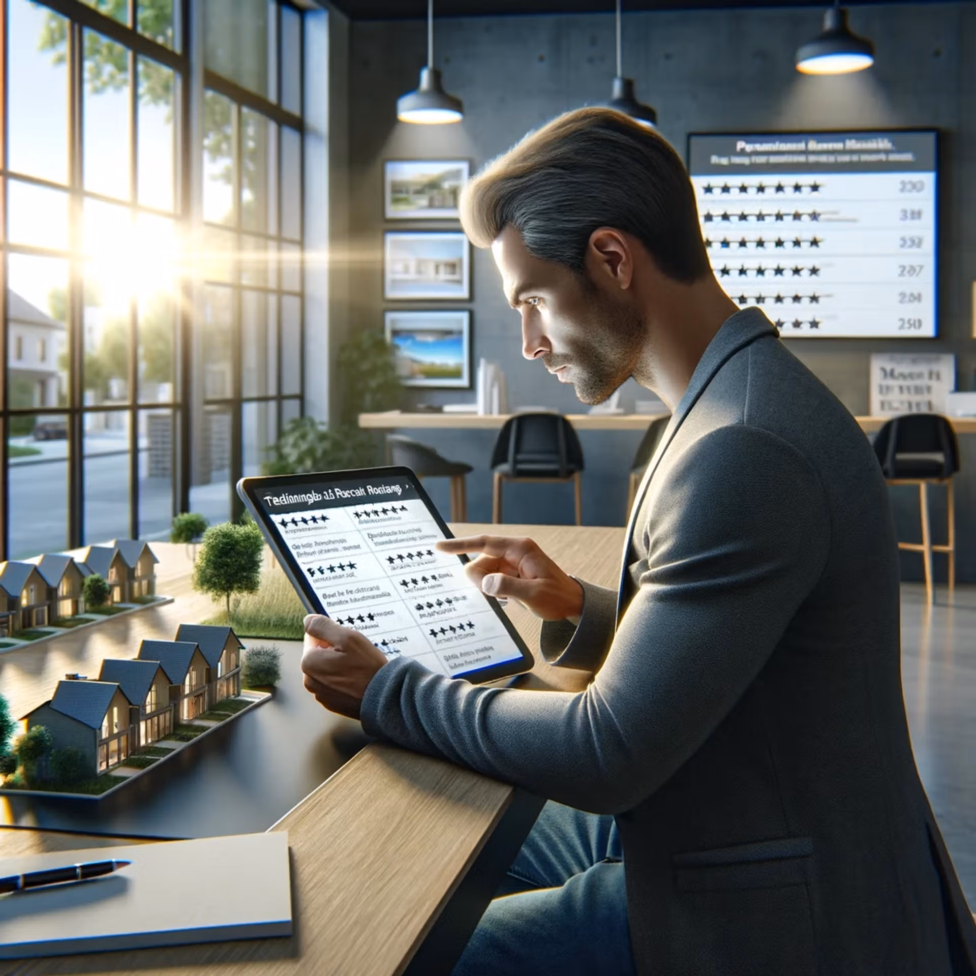 A man engages with a tablet in an office, surrounded by images of houses in the background.