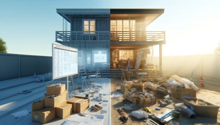 A house surrounded by boxes and various items scattered on the ground, indicating a move or outdoor storage.