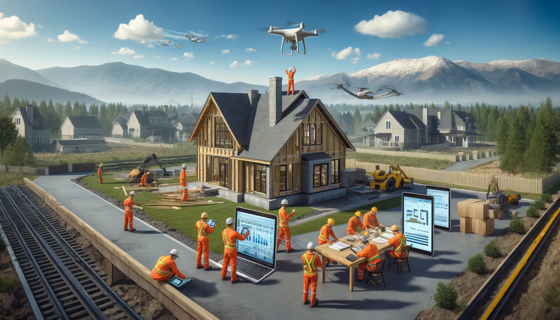 A team of workers on a house site, employing drones to assist with construction tasks and improve project management.