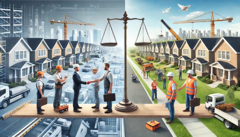 Construction workers are positioned on a scale, with a house behind them, representing the balance of construction efforts.