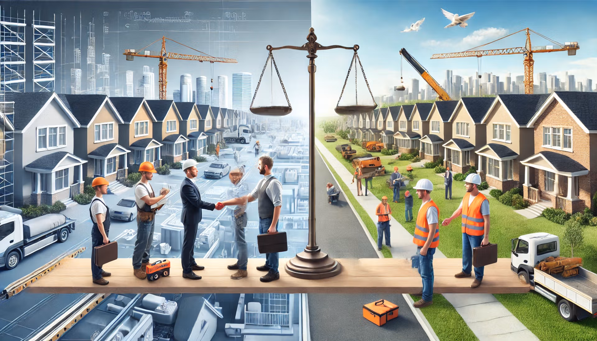 Construction workers are positioned on a scale, with a house behind them, representing the balance of construction efforts.