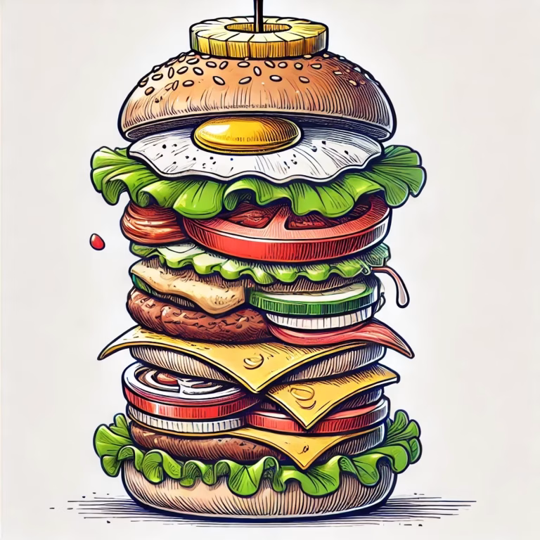 A drawing of a burger topped with a fried egg, showcasing layers of lettuce, tomato, and cheese.