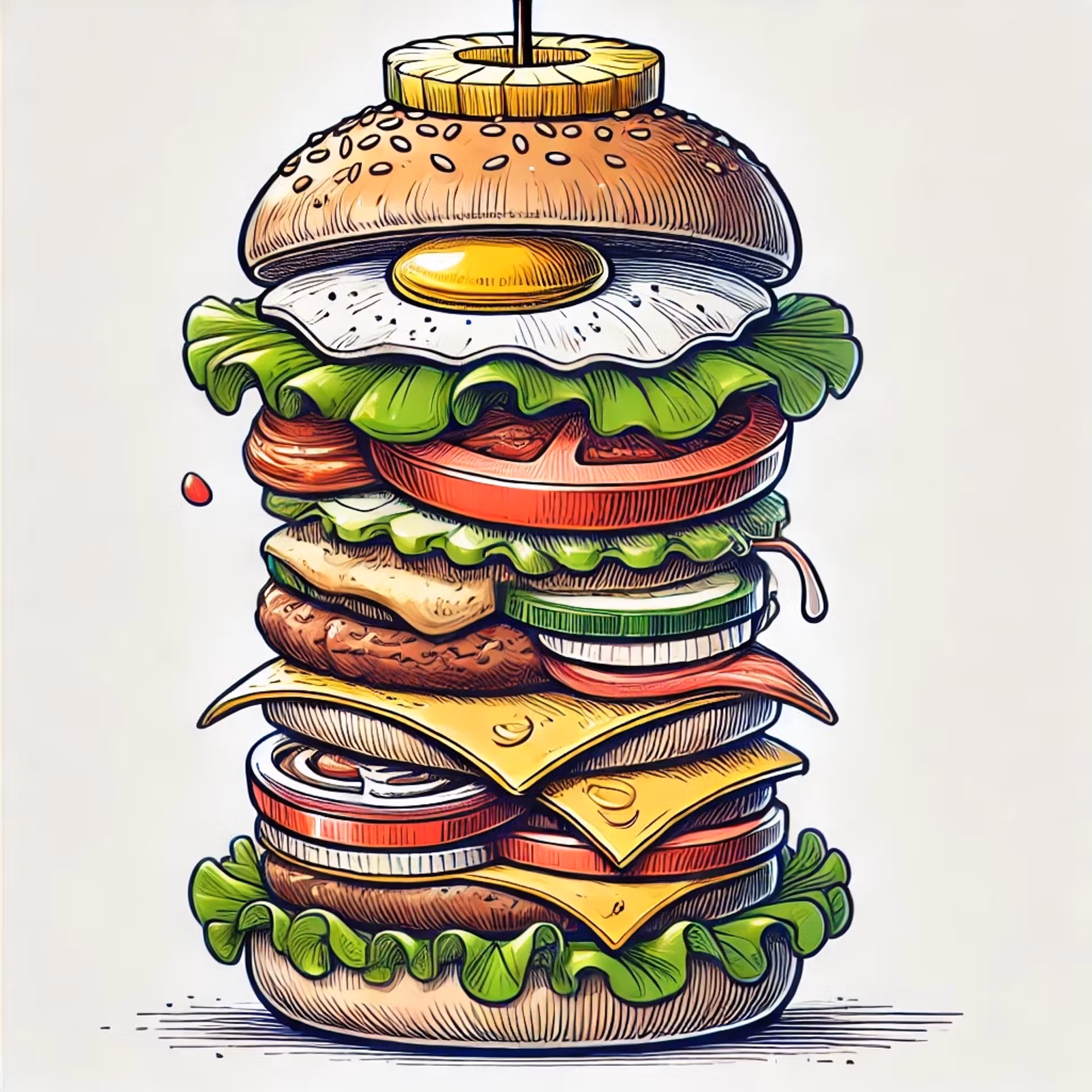 A drawing of a burger topped with a fried egg, showcasing layers of lettuce, tomato, and cheese.