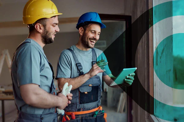 Two men in hard hats examine a tablet together, discussing plans or data on a construction site.