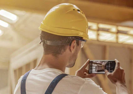 A man in a hard hat and overalls captures a photo with his phone, standing in a construction environment.