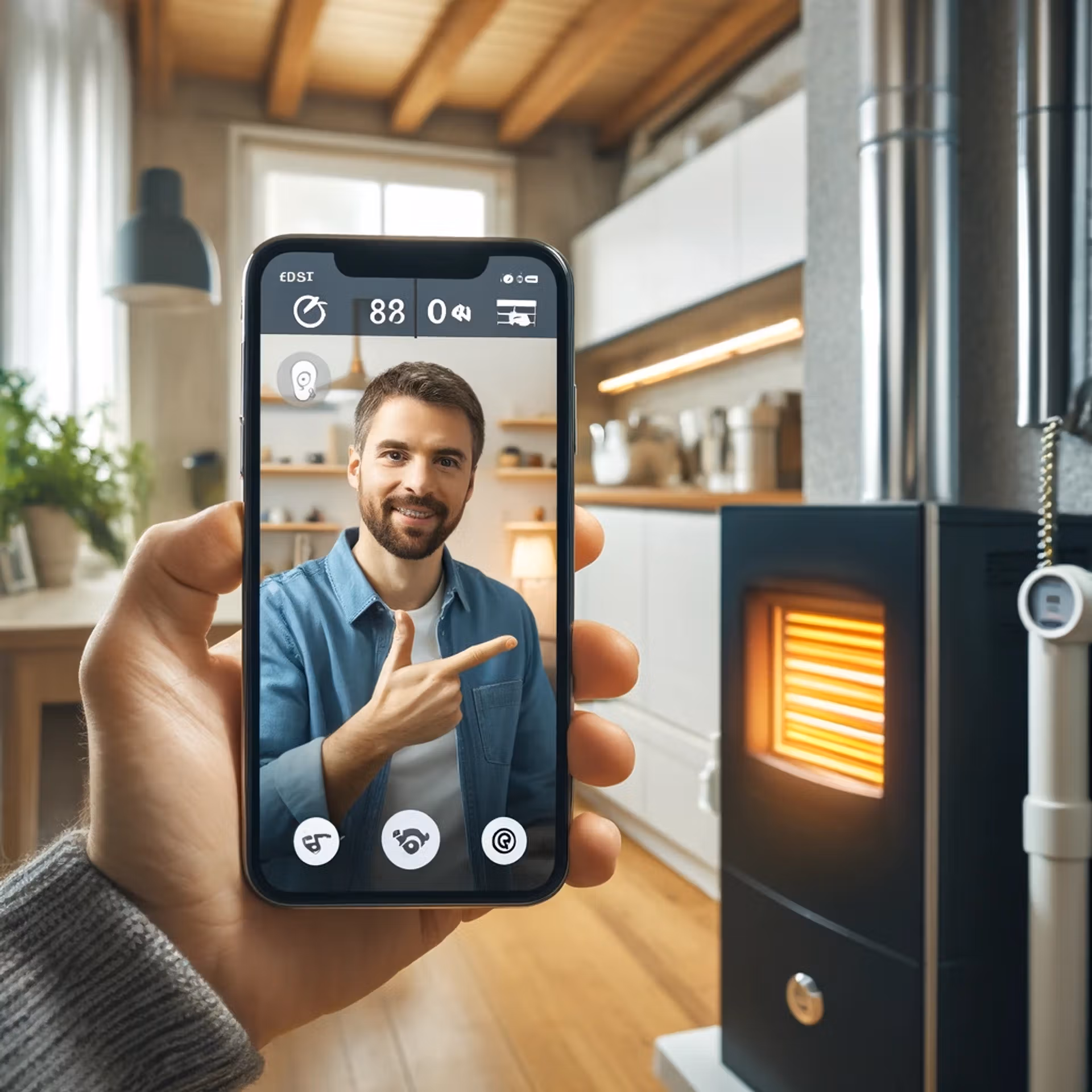 A man takes a self-portrait in front of a crackling fireplace, highlighting the inviting atmosphere of the space.
