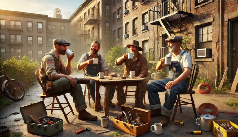 A group of men reunites, showcasing camaraderie and excitement.