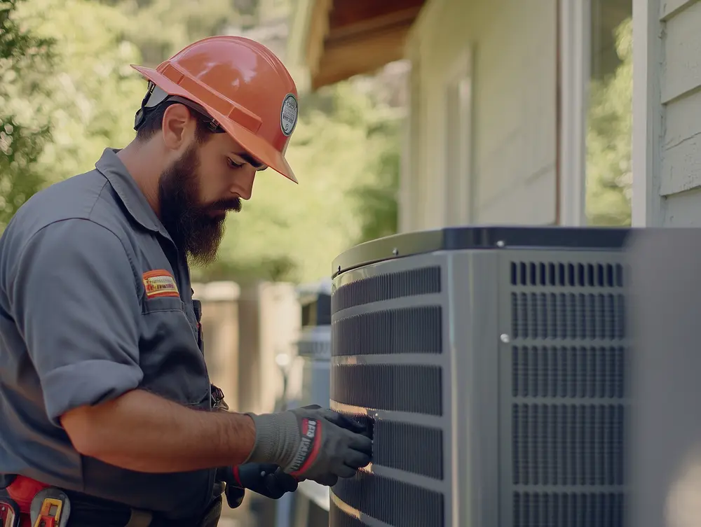 A man in a hard hat repairs an air conditioner, focused on his work in a well-lit environment.